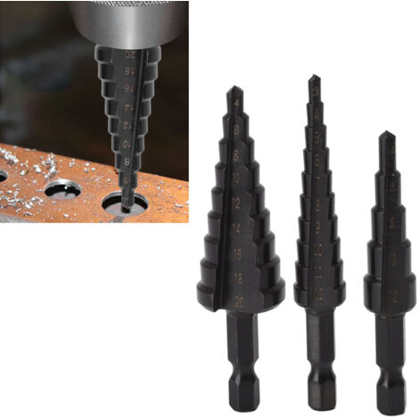 3-teiliges Stufenbohrer-Set aus HSS, Sechskantgriff für Metall, Holz und Dämmplatten – 4–20 mm, 3–12 mm, 4–12 mm