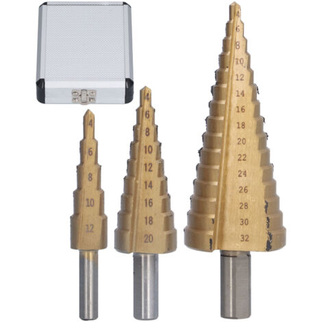 3-teiliges Stufenbohrer-Set mit dreieckigem Griff aus HSS für progressives Bohren, inklusive Aluminiumkoffer