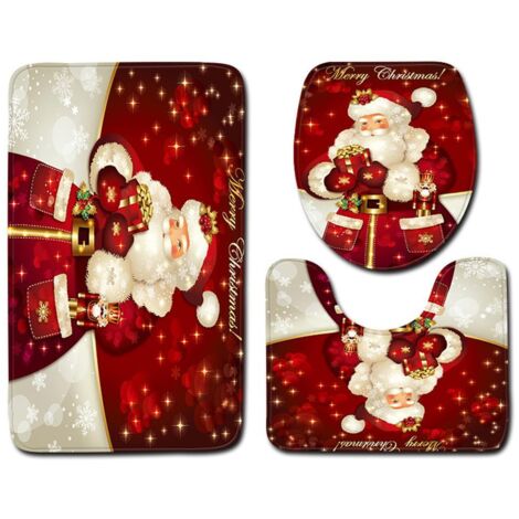 3-teiliges Weihnachtsmatten-Set, rutschfeste Badematte mit Weihnachtsmann-Motiv, WC-Sitzbezug, U-förmige WC-Bodenmatte
