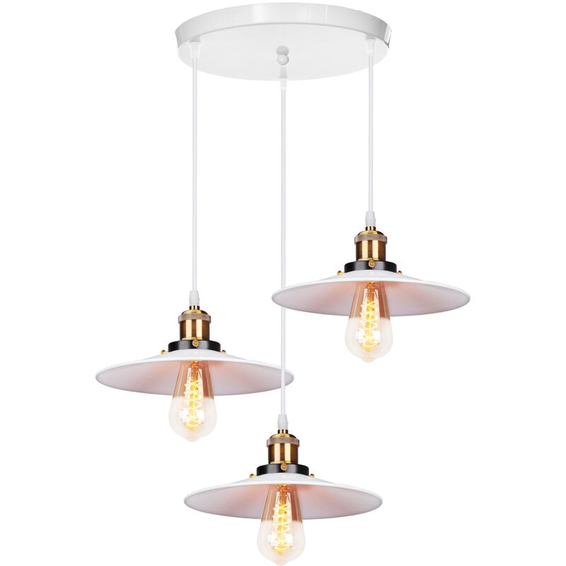3 Tête Lustre Suspension Fer Abat-jour en Métal Luminaire Vintage Industrielle Blanc