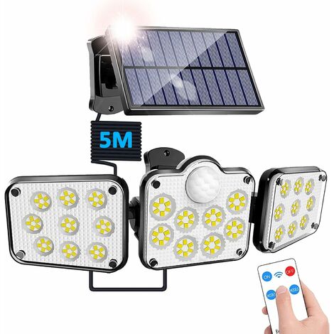 3 Têtes Lumière Solaire Extérieure avec Détecteur de Mouvement, 138LED Séparable Panneau Solaire Projecteur avec Télécommande, PIR Lumiere Solaire Exterieur Étanche Pour Jardin, Entrepôt, Entrée