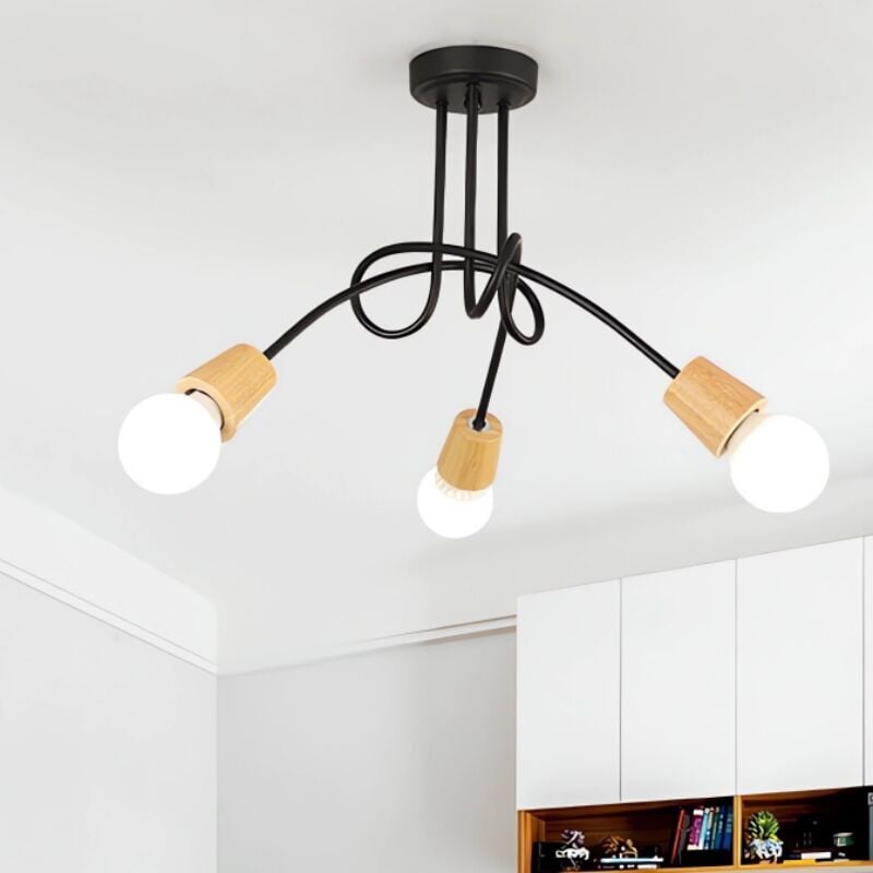 Wottes - Plafonnier Moderne E27 Luminaire Plafonnier Créatif Lampe de Plafond Métal pour Salon Chambre Bar Café Noir 3 Lumières - Noir + Bois