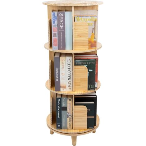3 Tier 360° Rotating Bookshelf, Floor Standing Bookcase, Wood Storage Shelves for Corridors Living Rooms Study Rooms Bedrooms