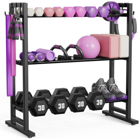 3-Tier Adjustable Dumbbell Rack, Weight Storage Organizer with Extended Stability Base & Removable Hooks
