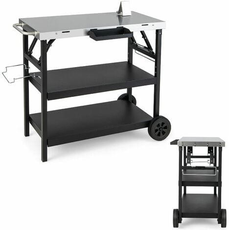 3-Tier Foldable Outdoor Cart BBQ Stainless Steel Food Prepare Dining Trolley