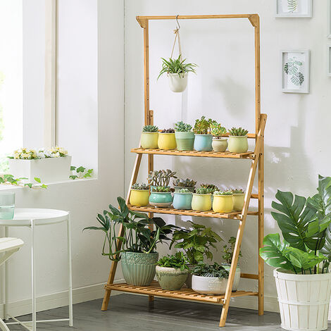 main image of "3 Tier Foldable Plant Stand Ladder Shelf with Hanging Bar"