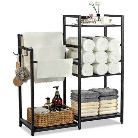 3-Tier Freestanding Bathroom Storage Shelf, U-Shaped Dividers & Hooks, Multifunctional Towel Drying Rack