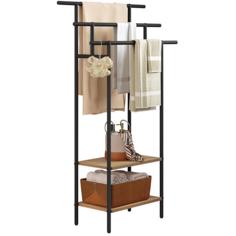 3-Tier Freestanding Ladder Towel Rack with 2 Storage Shelves & Hanging Rails, Black Metal & Oak Effect Storage Organizer for Bathroom, Bedroom & Hallway