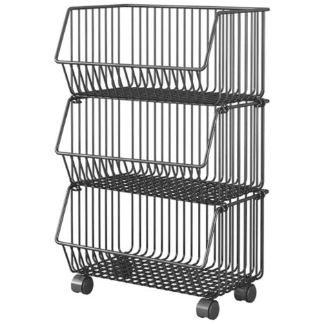 3 Tier Fruit Basket for Kitchen Storage Cart Stackable Metal Wire Storage Basket Snacks Organizer Baskets with Rolling Wheels Potato Onion Storage Bins Rack for Kitchen Living Room Home Office
