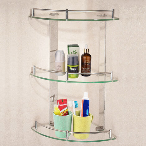 Glass Shower Caddy Bathroom Corner Storage Shampoo Holder Floating Shelf Rack