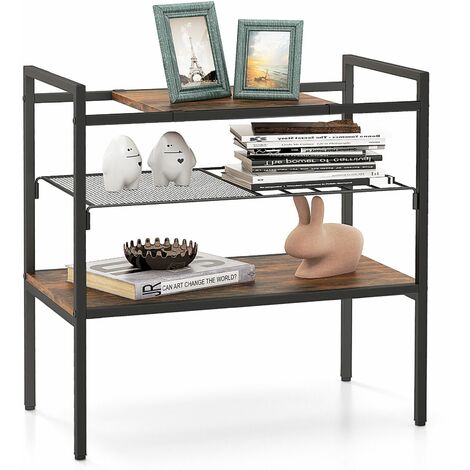 3-Tier Industrial Entryway Table Sofa Side Table W/ Removable Panel & Mesh Shelf