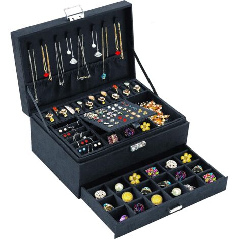 3-Tier Jewelry Box with Drawer – Large Velvet Jewelry Organizer with Lock and Key, 8 Hooks for Necklaces and 56 Slots for Earrings