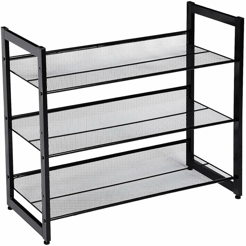 3 Tier Metal Mesh Shoe Rack Adjustable To Flat Or Angled Shelves Stackable Storage Organiser In The Entryway 74 X 31 X 62 8cm Black Lmr03b