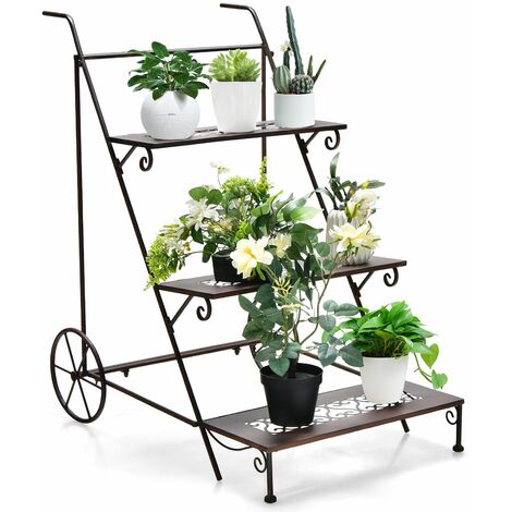 3-Tier Metal Plant Stand Ladder Shaped Flower Pot Holder Storage Rack w/ Wheels