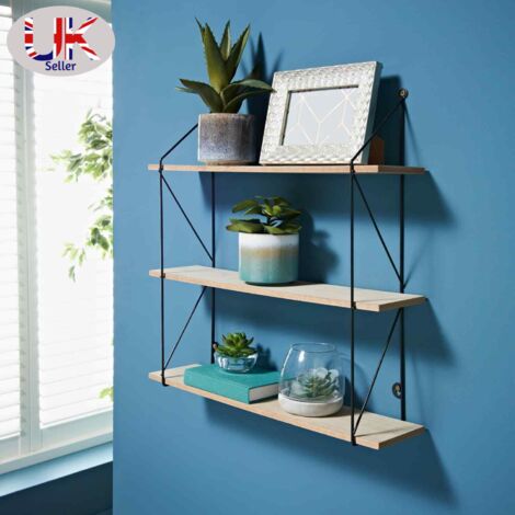 1 Tier Shelf Black Metal Frame Wire Rectangle Floating Wall Shelves MDF  Decor