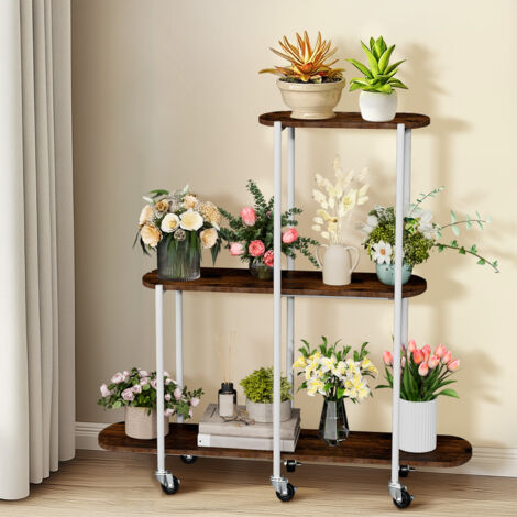 3-Tier Modern Oval Side Display Rack Metal Wood Plant Stand Wheeled Plant Shelf