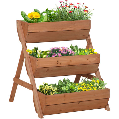 3 Tier Raised Garden Bed Wooden Elevated Planter Box Kit, 66L for Flower, Vegetable, Herb, 65x75x78cm, Brown