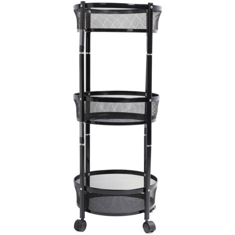 3 Tier Rolling Car Carbon Steel Round Folding Mobile Utility Storage Cart with Lockable Wheels for Kitchen Living Room Office Black
