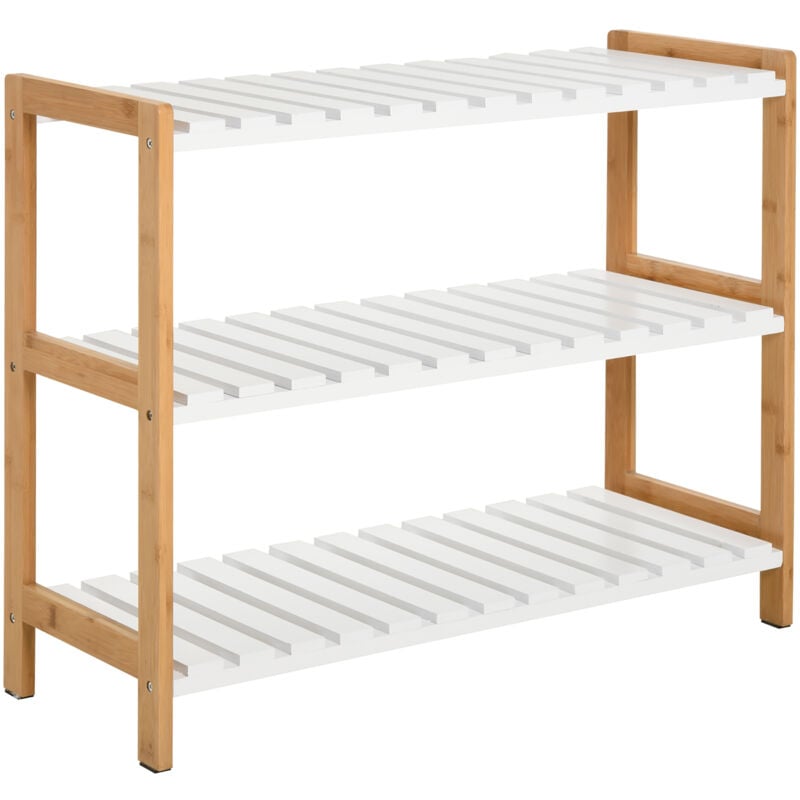 3-Tier Shoe Rack Wood Frame Slatted Shelves Open Hygienic Storage Bamboo Color - Homcom