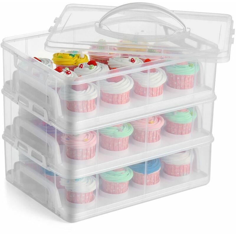 Image of 3 Tier Stackable Cupcake Carrier Box Muffin Cake Holder Plastic Clear Container - Clear