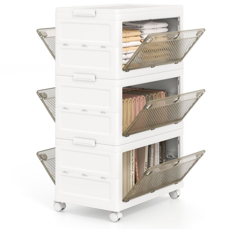 Costway - 3-Tier Stackable Storage Bins Bedroom Collapsible Storage Boxes-White