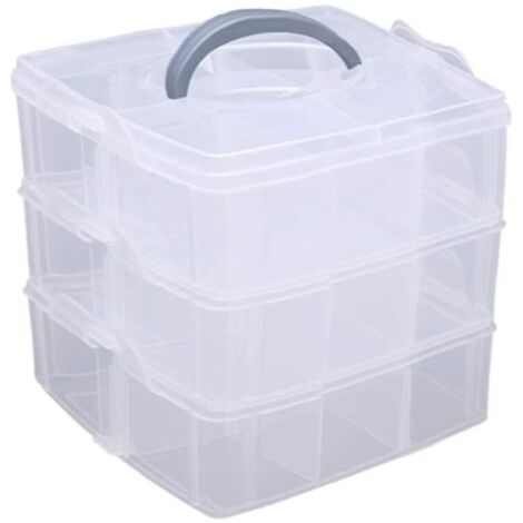 3-Tier Stackable Transparent Plastic Storage Box, Sorting Box with Handle, Maximum 18 Compartments