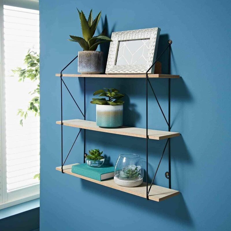 3 Tier Wall Mounted Shelf Black Metal Frame Wooden Shelves Storage Home Decor