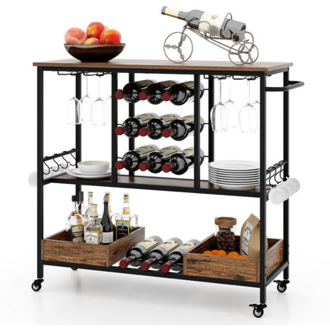 3 Tiers Bar Cart Home Serving Cart Industrial Rolling Beverage Cart-Coffee