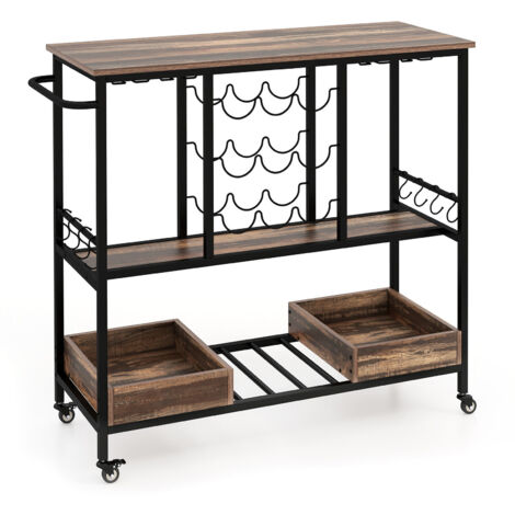 3 Tiers Bar Cart Home Serving Cart Industrial Rolling Beverage Cart-Grey