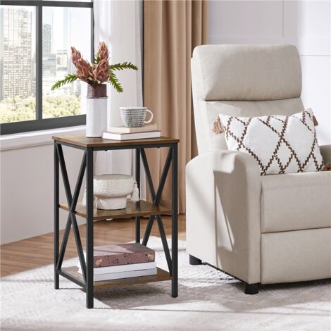 main image of "3-Tiers Industrial Side Table Bedside Table X-Frame End Table Nightstand Storage with Shelf for Living room, Bedroom, Rustic Brown"