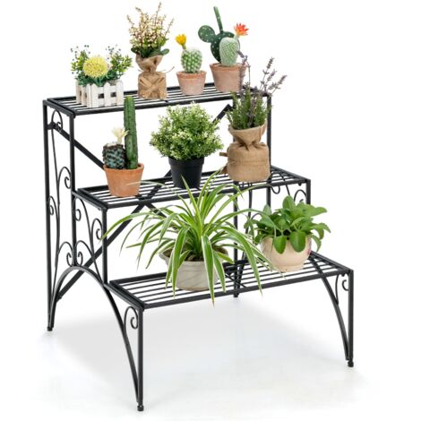 3 Tiers Metal Plant Stand Ladder Flower Pots Holder with Grid Shelves