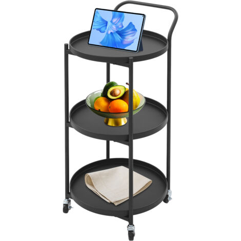 3 Tiers Metal Rolling Cart Serving Trolley Living Room Kitchen Bedroom Mobile Storage Cart Black