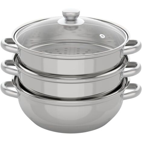 3 Tiers Steamer For Cooking, Stainless Steel 28cm Inner Diameter Steamer, Compatible with Gas Stove, Furnace, Induction, Electric Halogen, Hot Pot, with Vented Glass Lid,Cookware