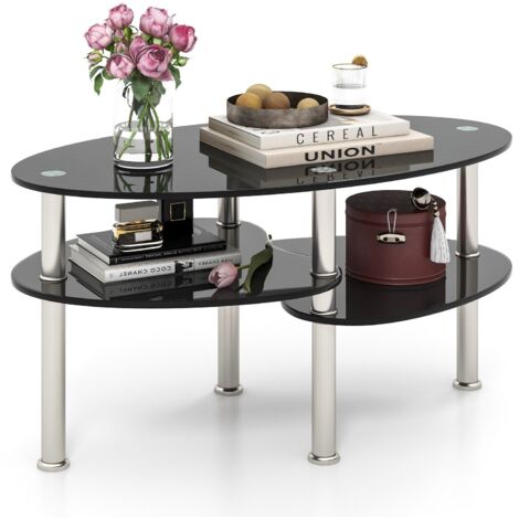 3-Tire Modern Oval Tea Table Smooth Glass Coffee Table Sofa End Side Table