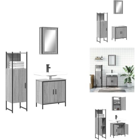 3-tlg. Badmöbel-Set Grau Sonoma Holzwerkstoff - Badmöbel-Set - Badezimmermöbel - Holzwerkstoff - Grau Sonoma - Waschtischschrank