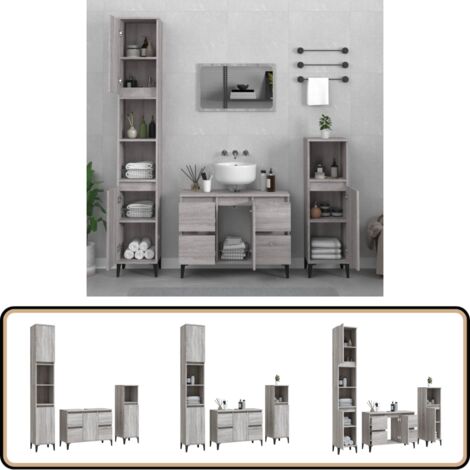 3-tlg. Badmöbel-Set Grau Sonoma Holzwerkstoff - Badmöbel-Set - Badezimmermöbel - Waschtischschrank - Graue Möbel - Holzwerkstoff