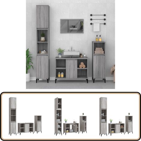 3-tlg. Badmöbel-Set Grau Sonoma Holzwerkstoff - Badmöbel-Set - Badezimmermöbel - Waschtischschrank - Graue Möbel - Holzwerkstoff