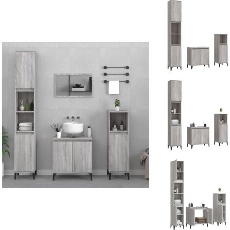 3-tlg. Badmöbel-Set Grau Sonoma Holzwerkstoff - Badmöbel-Set - Badezimmermöbel - Waschtischschrank - Graues Badmöbel - Holzwerkstoff Badmöbel