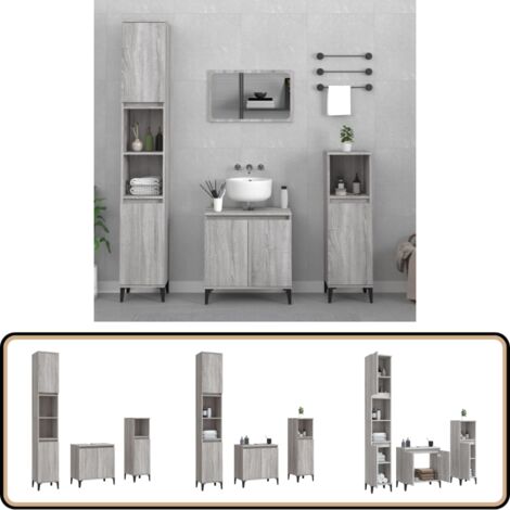 3-tlg. Badmöbel-Set Grau Sonoma Holzwerkstoff - Badmöbel-Set - Badezimmermöbel - Waschtischschrank - Graues Badmöbel - Holzwerkstoff Badmöbel
