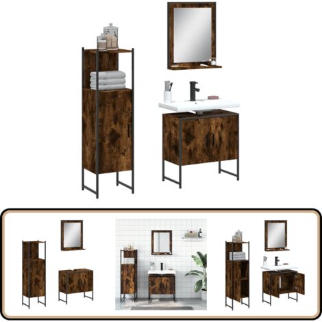 3-tlg. Badmöbel-Set Räuchereiche Holzwerkstoff - Badezimmermöbel - Badschränke - Waschtischunterschrank - Spiegelschrank - Rauchereiche