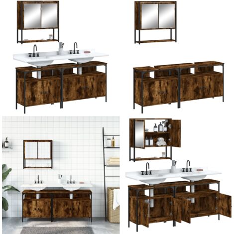 3-tlg. Badmöbel-Set Räuchereiche Holzwerkstoff - Spiegelschrank - Waschbeckenunterstuhl