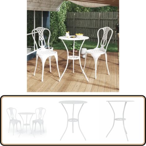 3-tlg. Bistro-Set Aluminiumguss Weiß - Romantisches Bistroset - Gartentisch - Gartenstühle - Aluminiumgartenmöbel - Weißer Esstisch