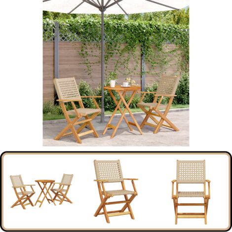 3-tlg. Bistro-Set Beige Poly Rattan und Massivholz - Gartentisch - Esszimmergarnitur - Outdoor Möbel - Balkonmöbel - Gartenstühle
