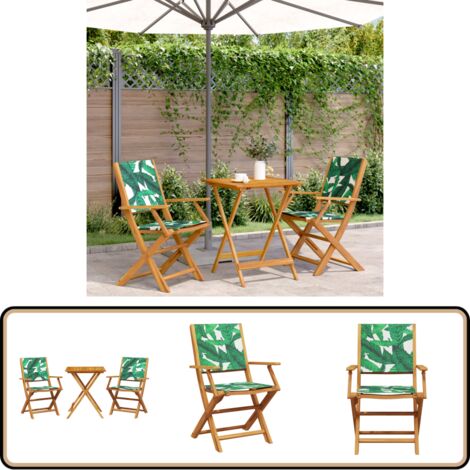 3-tlg. Bistro-Set Blattmuster Stoff und Massivholz - Gartensitzgruppe - Holzsessel - Esszimmergarnitur - Outdoor Möbel - Gartenmöbel Set