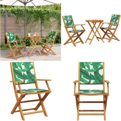 3-tlg. Bistro-Set Blattmuster Stoff und Massivholz - Gartensitzgruppe - Holzsessel - Esszimmergarnitur - Outdoor Möbel - Gartenmöbel Set - Home & Living