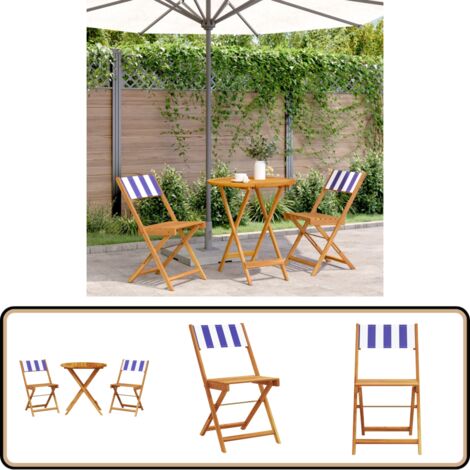3-tlg. Bistro-Set Blau und Weiß Stoff und Massivholz - Gartenmöbel - Esszimmergarnitur - Holztisch - Klapptisch - Outdoor Möbel