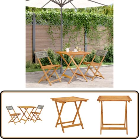 3-tlg. Bistro-Set Grau Poly Rattan und Massivholz - Gartenmöbel - Bistro-Set - Esszimmergarnitur - Outdoor Möbel - Holztisch