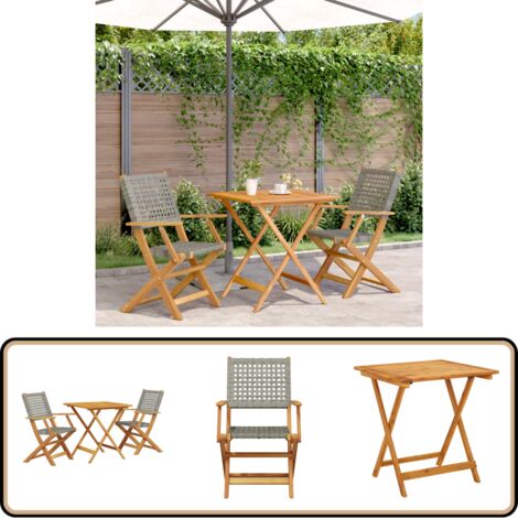 3-tlg. Bistro-Set Grau Poly Rattan und Massivholz - Gartentisch - Esszimmergarnitur - Outdoor Möbel - Holztisch - Rattan Sessel