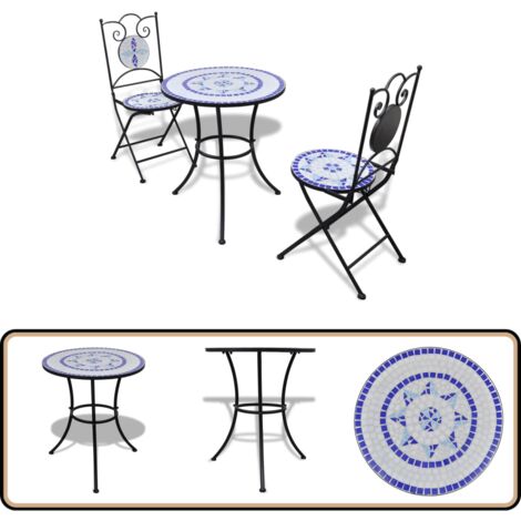 3-tlg. Bistro-Set Keramikfliesen Blau und Weiß - Gartensitzgarnitur - Bistroset - Outdoormöbel - Gartenmöbel - Esstisch