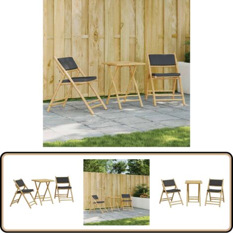 3-tlg. Bistro-Set Klappbar mit Dunkelgrauen Kissen Bambus - Bambusgartenmöbel - Outdoortisch - Gartensessel - Bistroset - Esszimmergarnitur